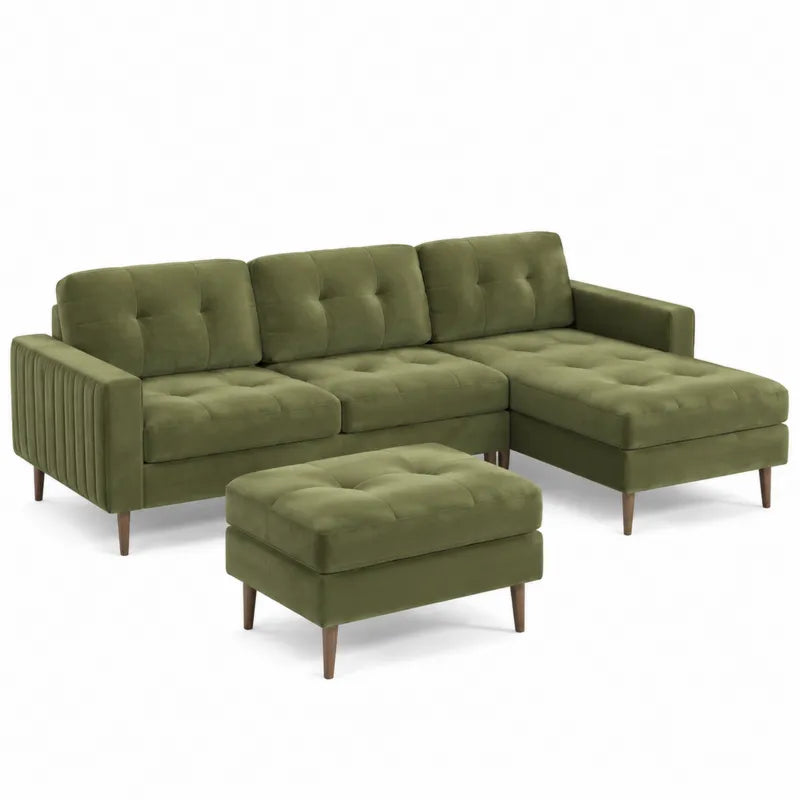 Sofa narozna z puf?, welur, zielona, 230x150x85 cm