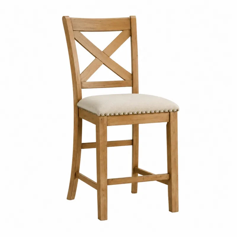 Krzes?o barowe drewniane z bezowym tapicerowanym siedziskiem