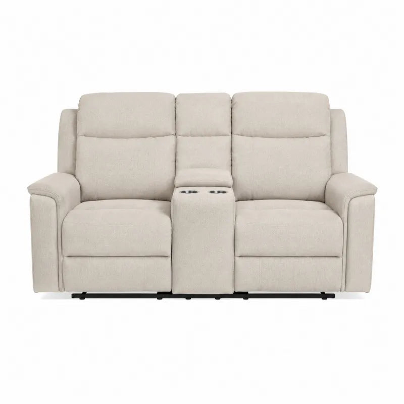 Sofa dwuosobowa z poliestrow? tapicerk? i uchwytami bezowa