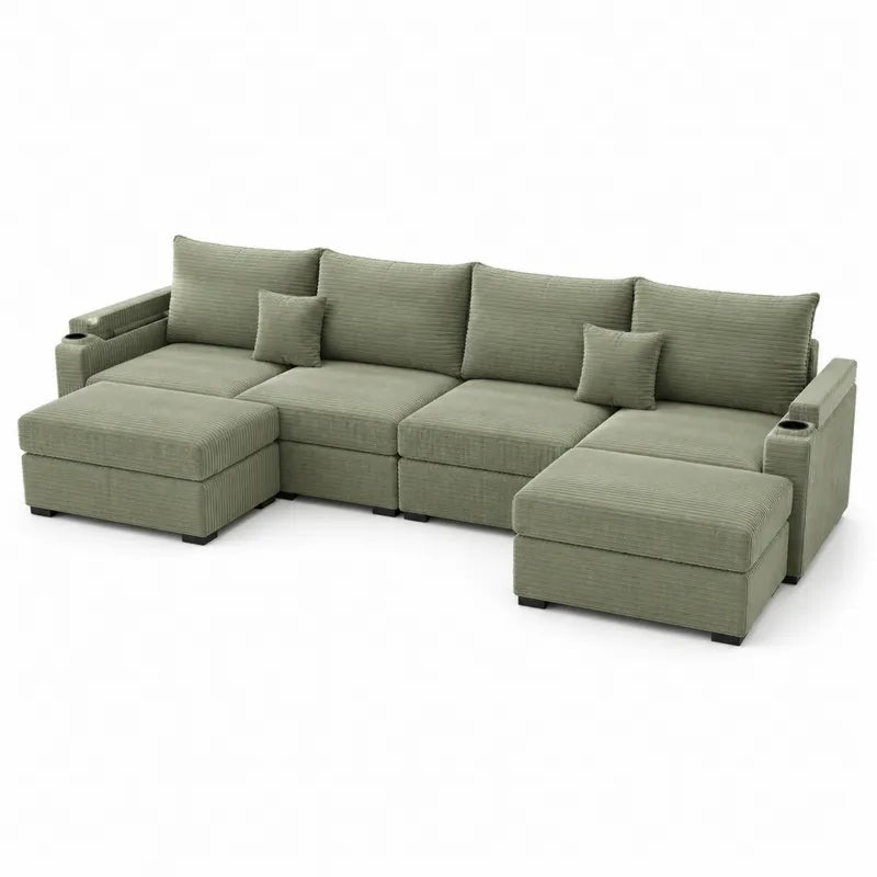 Modu?owa sofa narozna z pod?okietnikami z miejscem na napoje zielona sztruks 300x200 cm