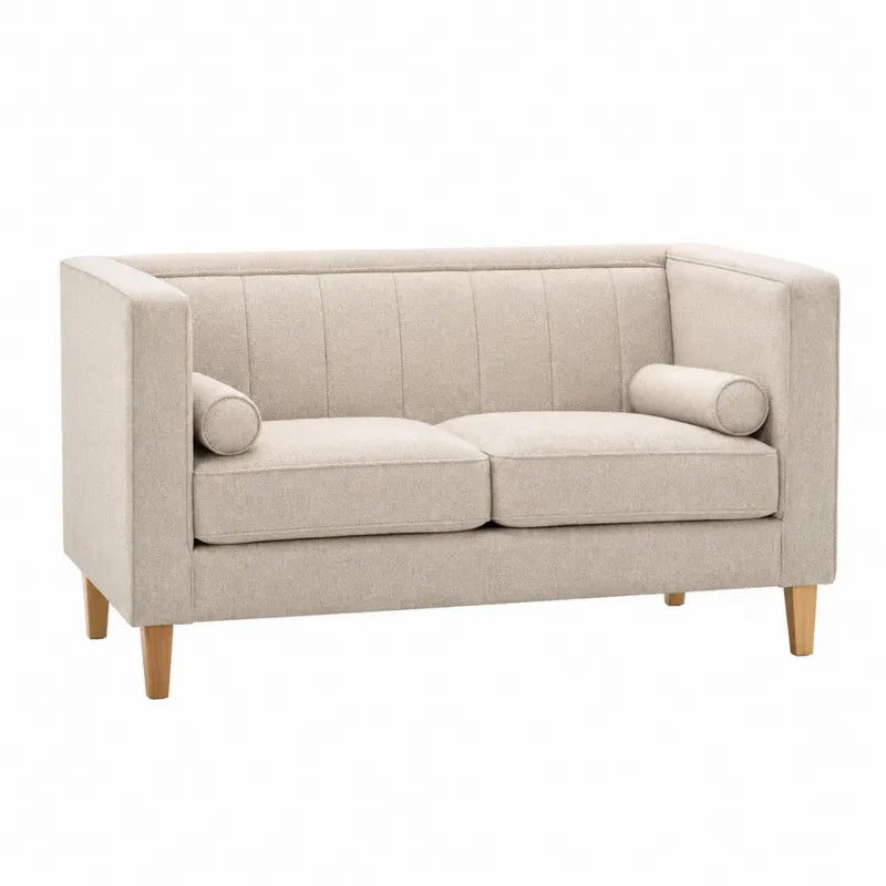 Sofa dwuosobowa bezowa len i drewno 150 cm