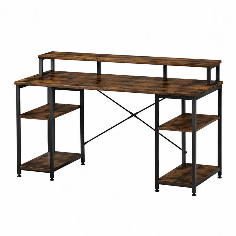 Biurko metalowe z p?yty wiorowej br?zowe/czarne z po?kami 140x55x92 cm