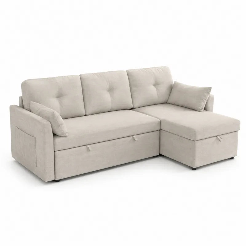 Sofa modu?owa z funkcj? spania i schowkiem, bezowa tkanina polyester 200x140x90 cm