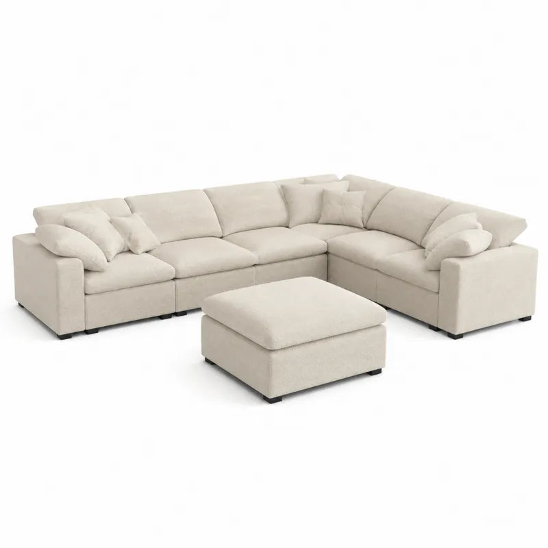 Modu?owa sofa narozna z puf? z kremowej tkaniny
