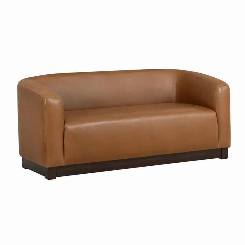 Sofa dwuosobowa z drewna i skory br?zowa